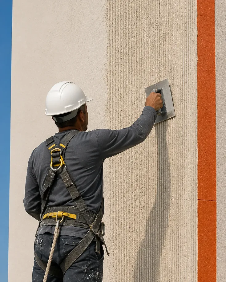 Aplicação de grafiato na parede externa com desempenadeira